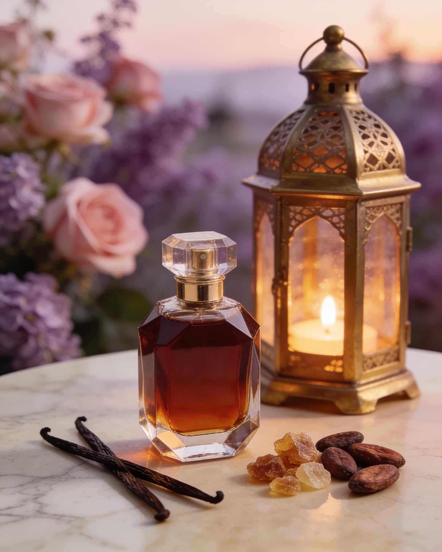 An unlabeled faceted bottle of deep amber perfume beside a glowing brass lantern, vanilla pods, resin and tonka beans on cream marble.