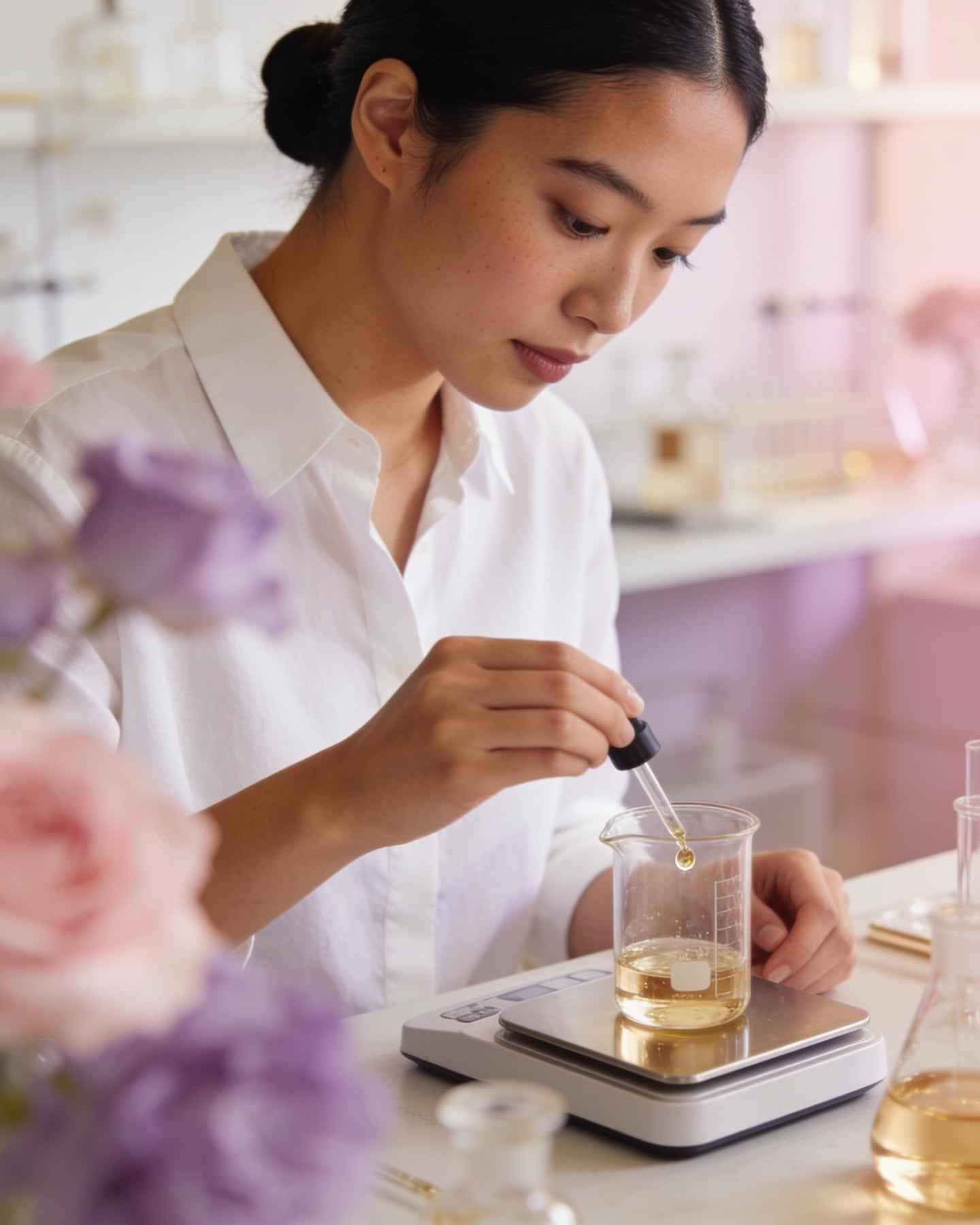 Portrait of a young perfumer with a low bun and a white shirt, weighing drops into a beaker on a precision scale.