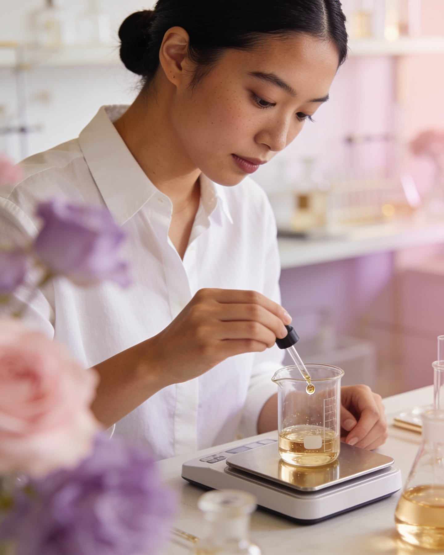 Portrait of a young perfumer with a low bun and a white shirt, weighing drops into a beaker on a precision scale.