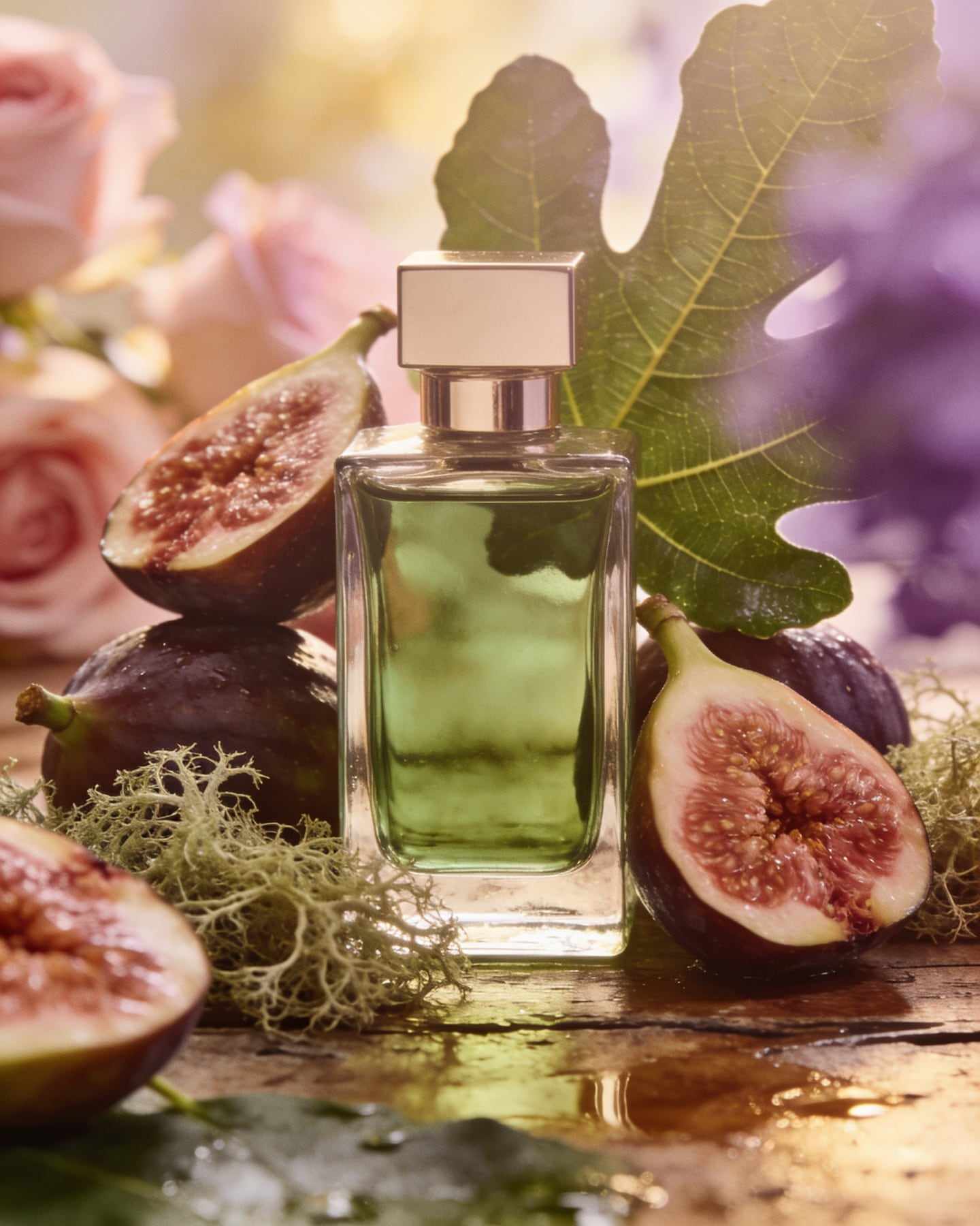 An unlabeled square glass bottle of green perfume among ripe split figs, fig leaves and Spanish moss on weathered wood.