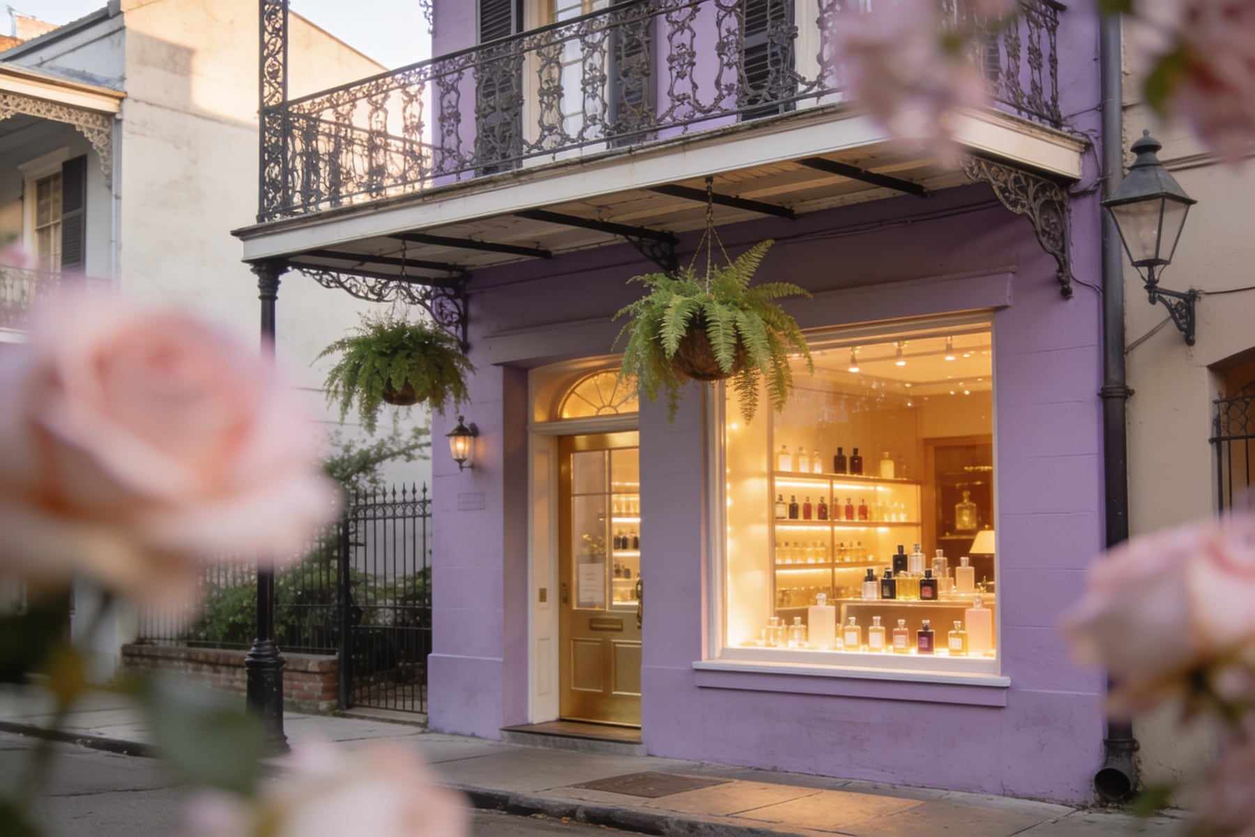 The Ondine boutique in a historic French Quarter building: a lilac facade, a wrought-iron balcony with hanging ferns and a glowing window full of perfume bottles.