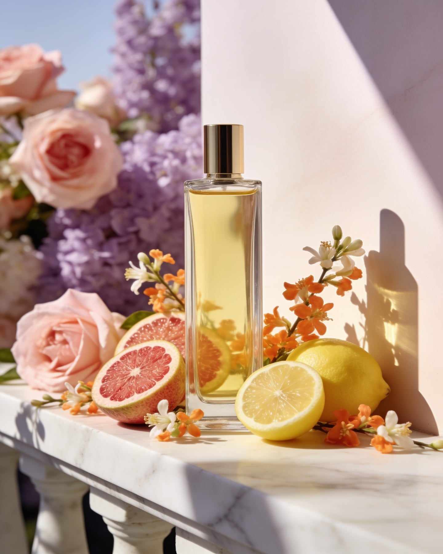 An unlabeled tall clear bottle of pale yellow perfume among halved bergamot, lemons and orange blossom on white marble in bright sun.