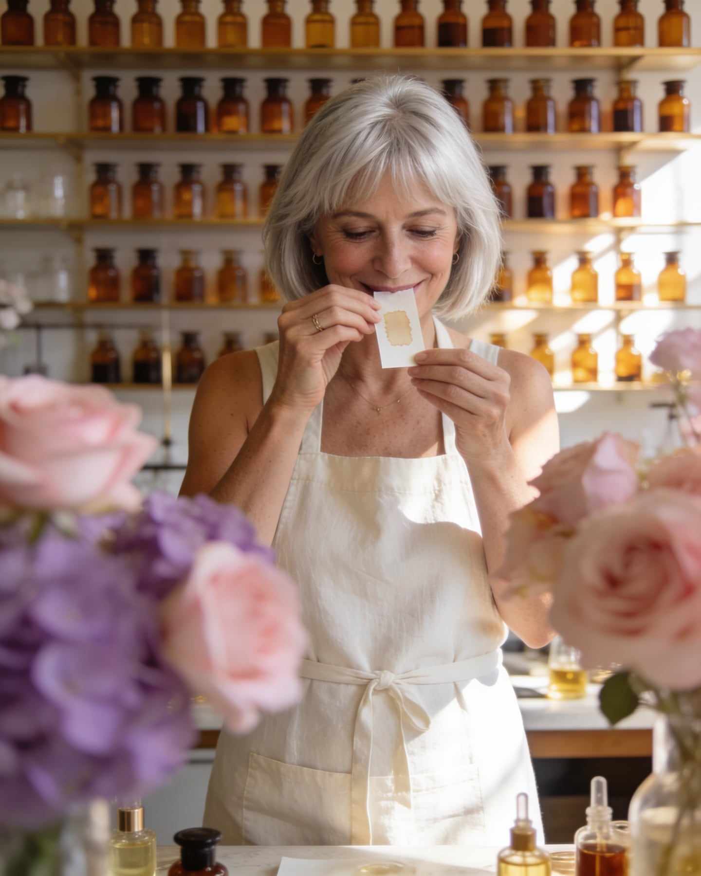 Portrait of a perfumer in her fifties with a silver bob and a cream linen apron, smelling a blotter strip in a sunlit atelier.