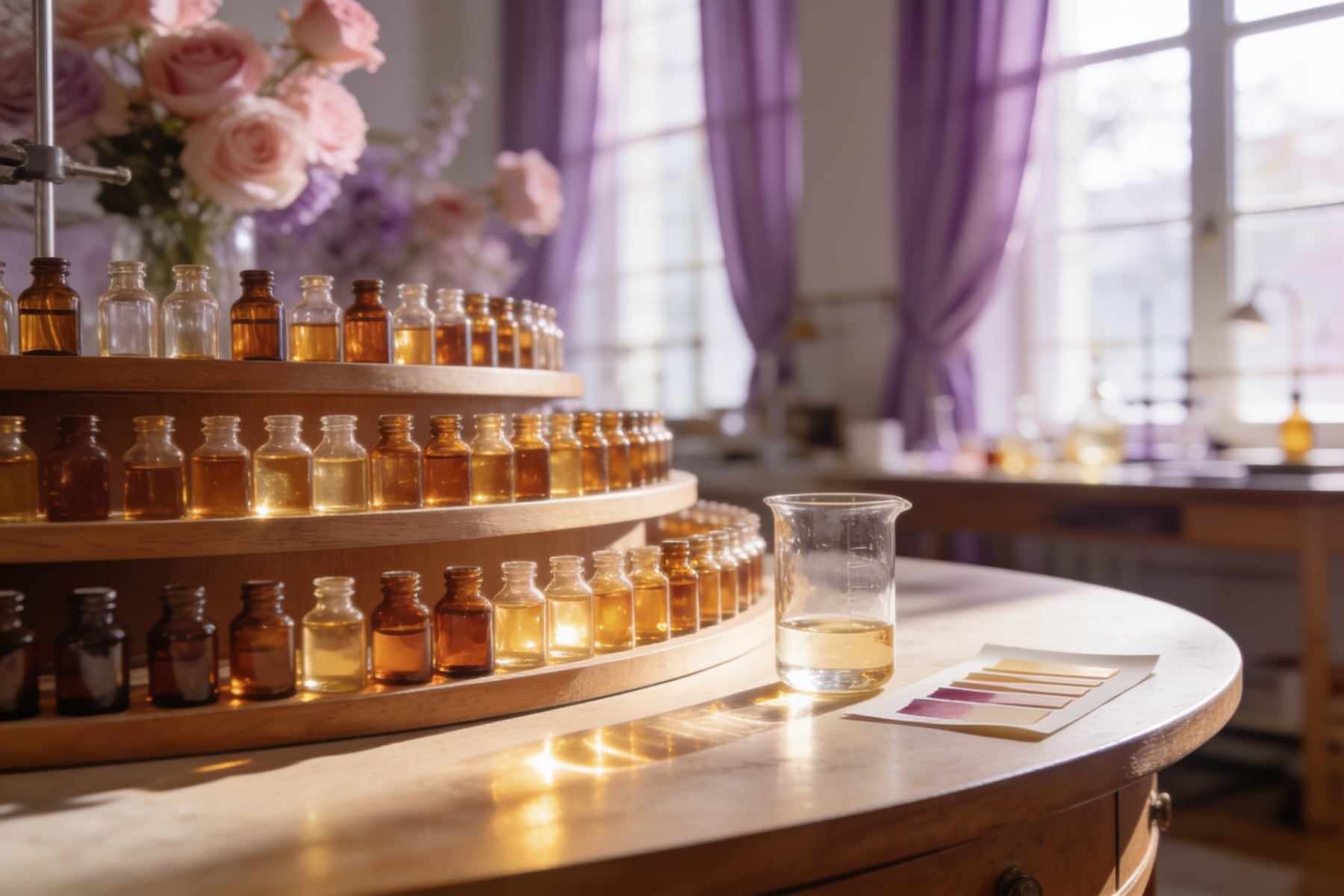 A perfumer's organ: a curved wooden desk with tiers of small amber bottles, a beaker and blotter strips in a sunlit atelier with lilac curtains.