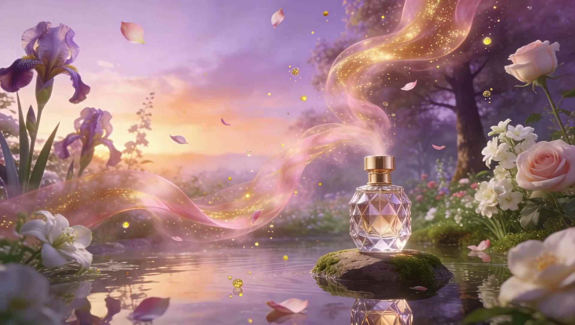 A faceted crystal perfume bottle on a mossy stone in a still pool at sunrise, a ribbon of rose-gold mist curling from it among giant irises and roses.