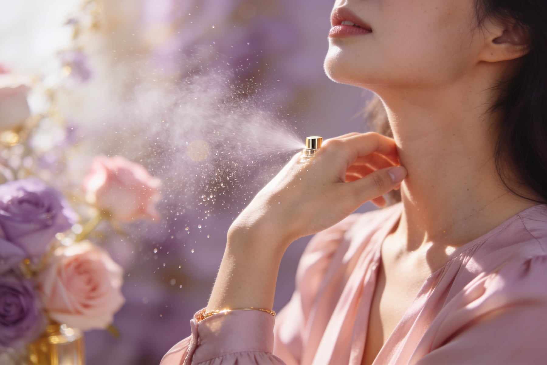 A wrist and neck being lightly misted with a perfume atomizer, fine droplets in soft backlight.
