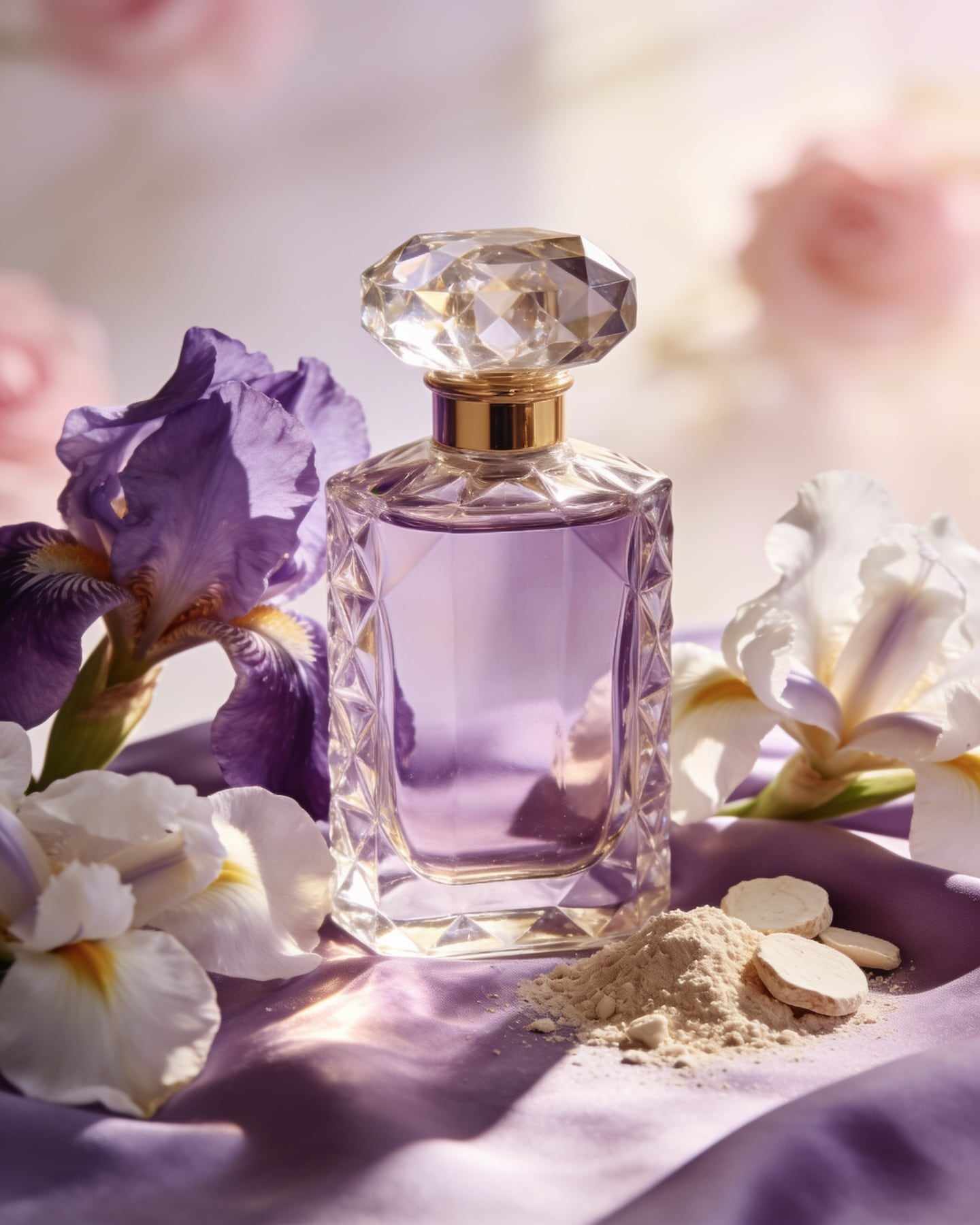 An unlabeled faceted crystal bottle of pale violet perfume among purple and white irises and pieces of orris root on lilac silk.
