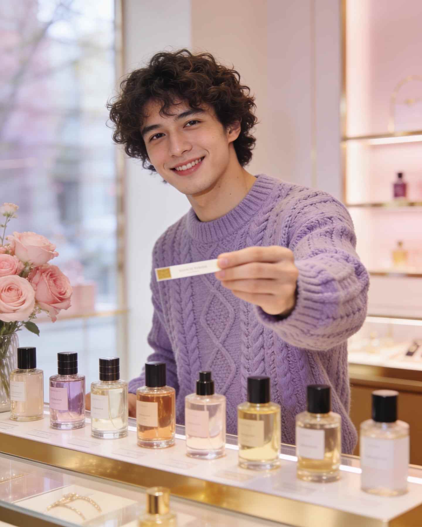 Portrait of a young man with curly hair and a lilac sweater behind a boutique counter, offering a scent strip.