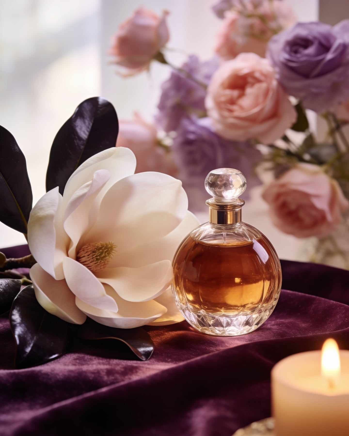 An unlabeled rounded crystal bottle of amber perfume beside a large creamy magnolia blossom on deep plum velvet, a candle glowing.