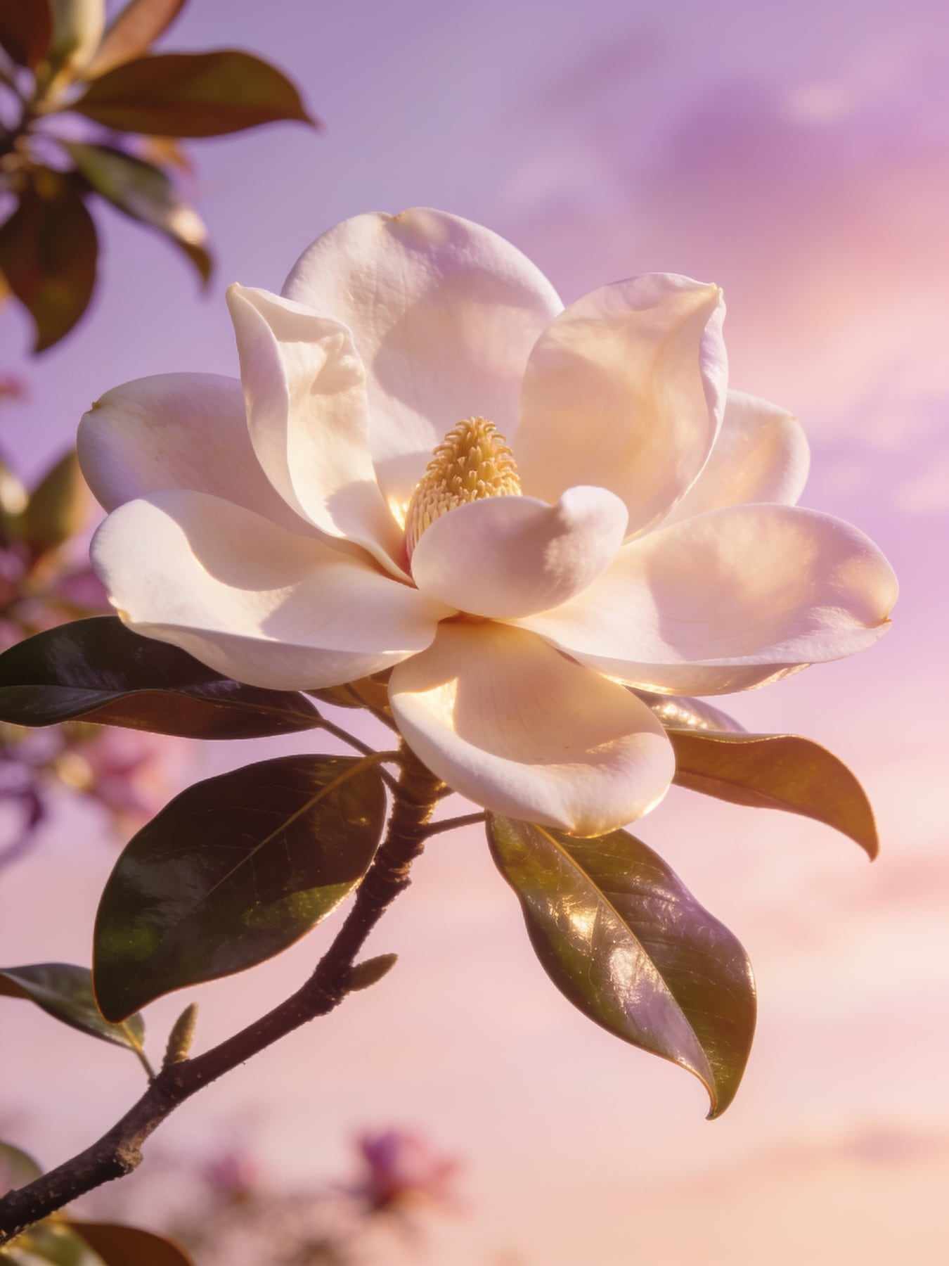 A huge creamy southern magnolia blossom on a branch with glossy leaves against a blush sky.