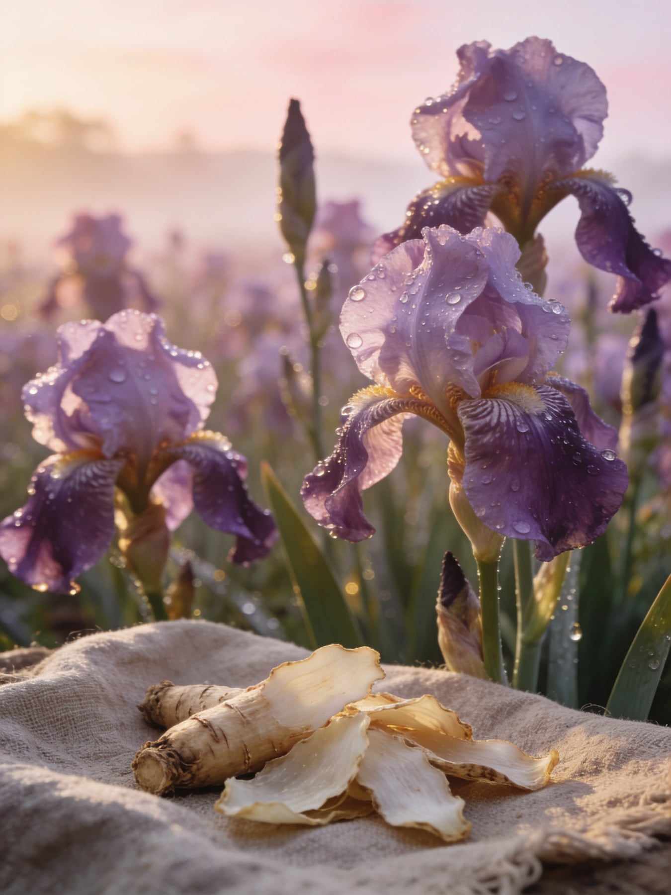 Purple bearded irises with dew in a field at dawn, peeled orris roots drying on linen in front.