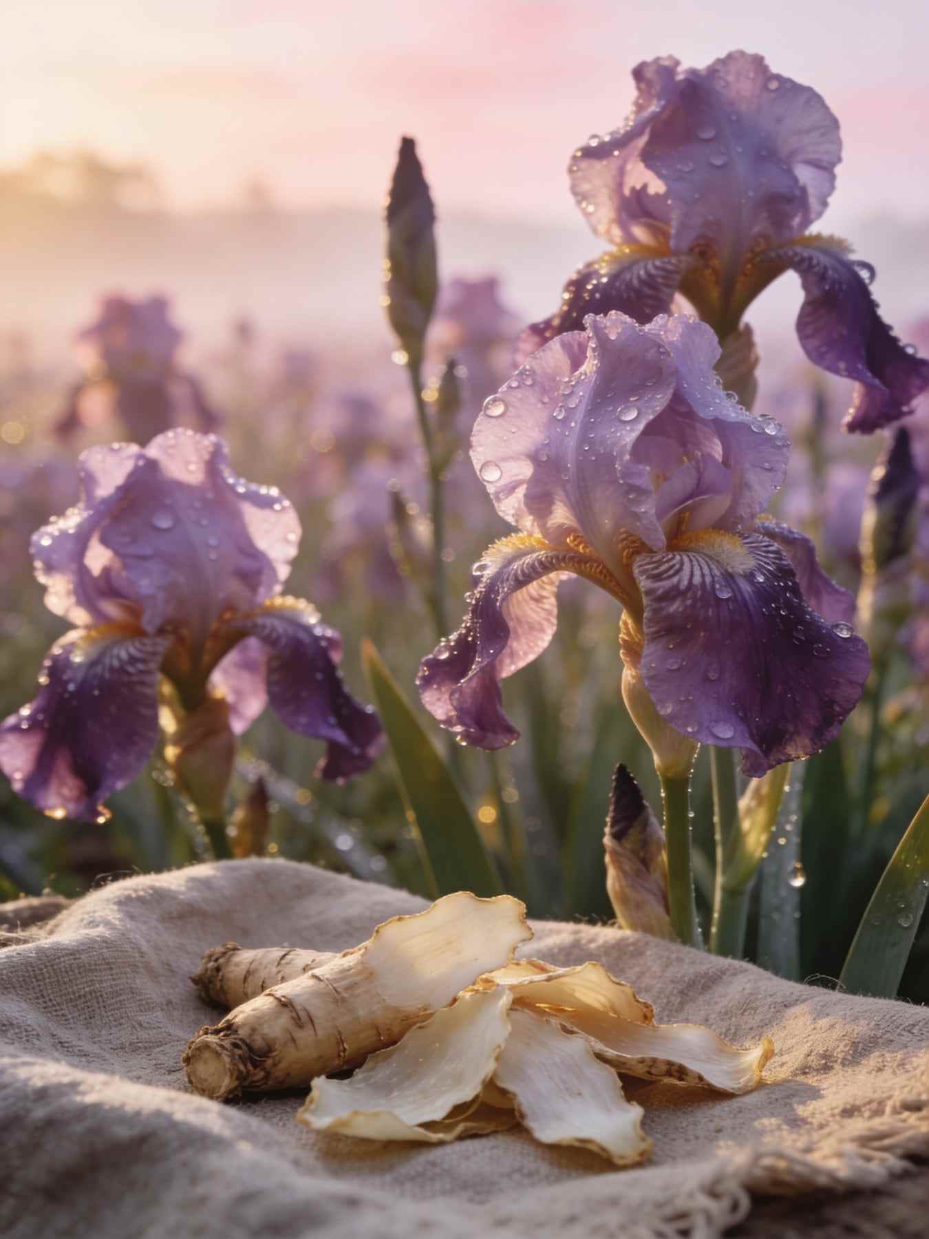 Purple bearded irises with dew in a field at dawn, peeled orris roots drying on linen in front.