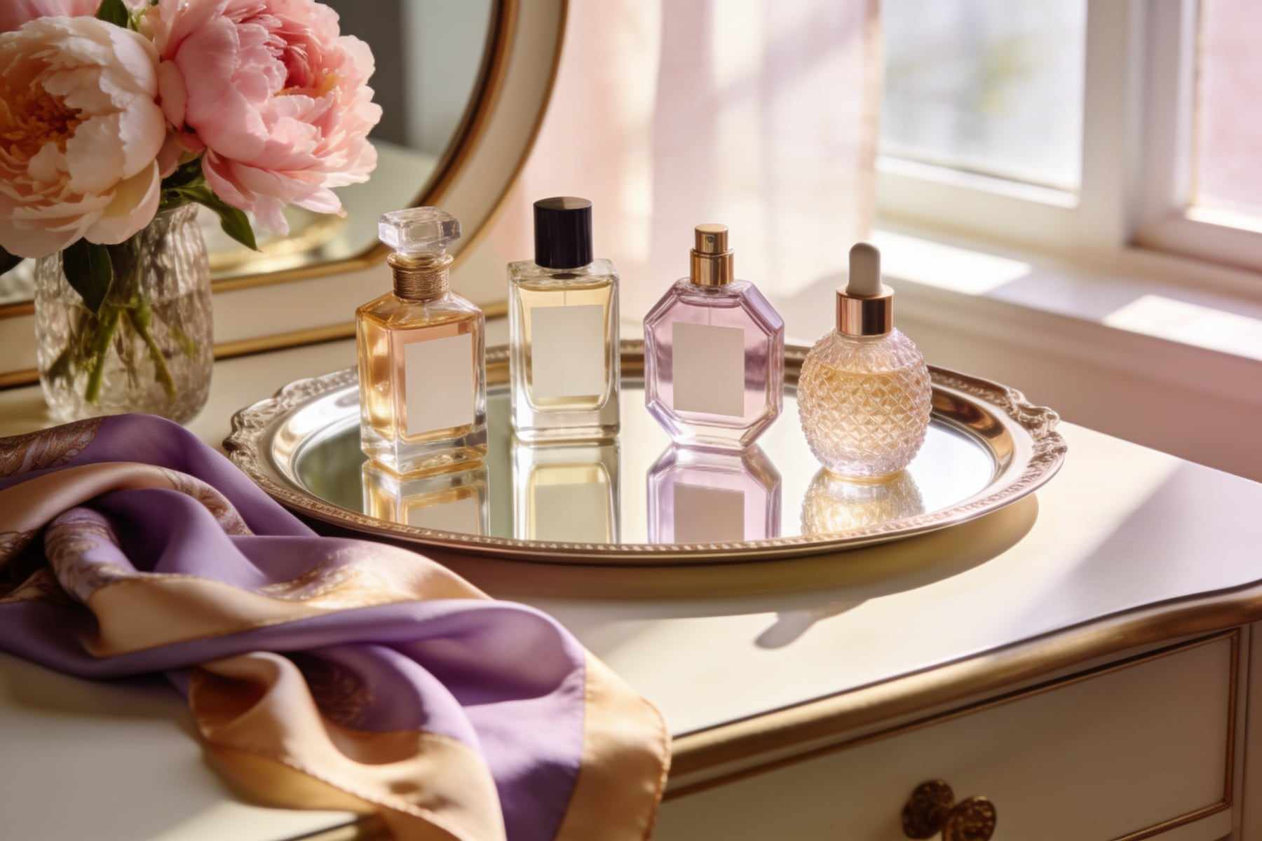 A dressing table with four perfume bottles on a mirrored tray, peonies and a silk scarf in morning light.