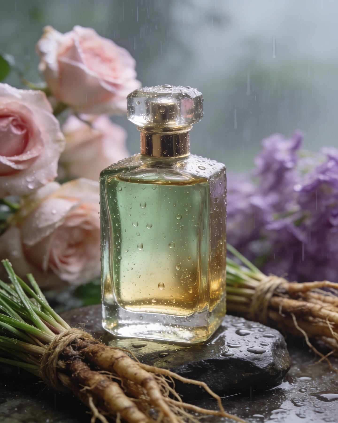 An unlabeled heavy glass bottle of pale green-gold perfume on wet dark stone with bundles of vetiver roots and raindrops.