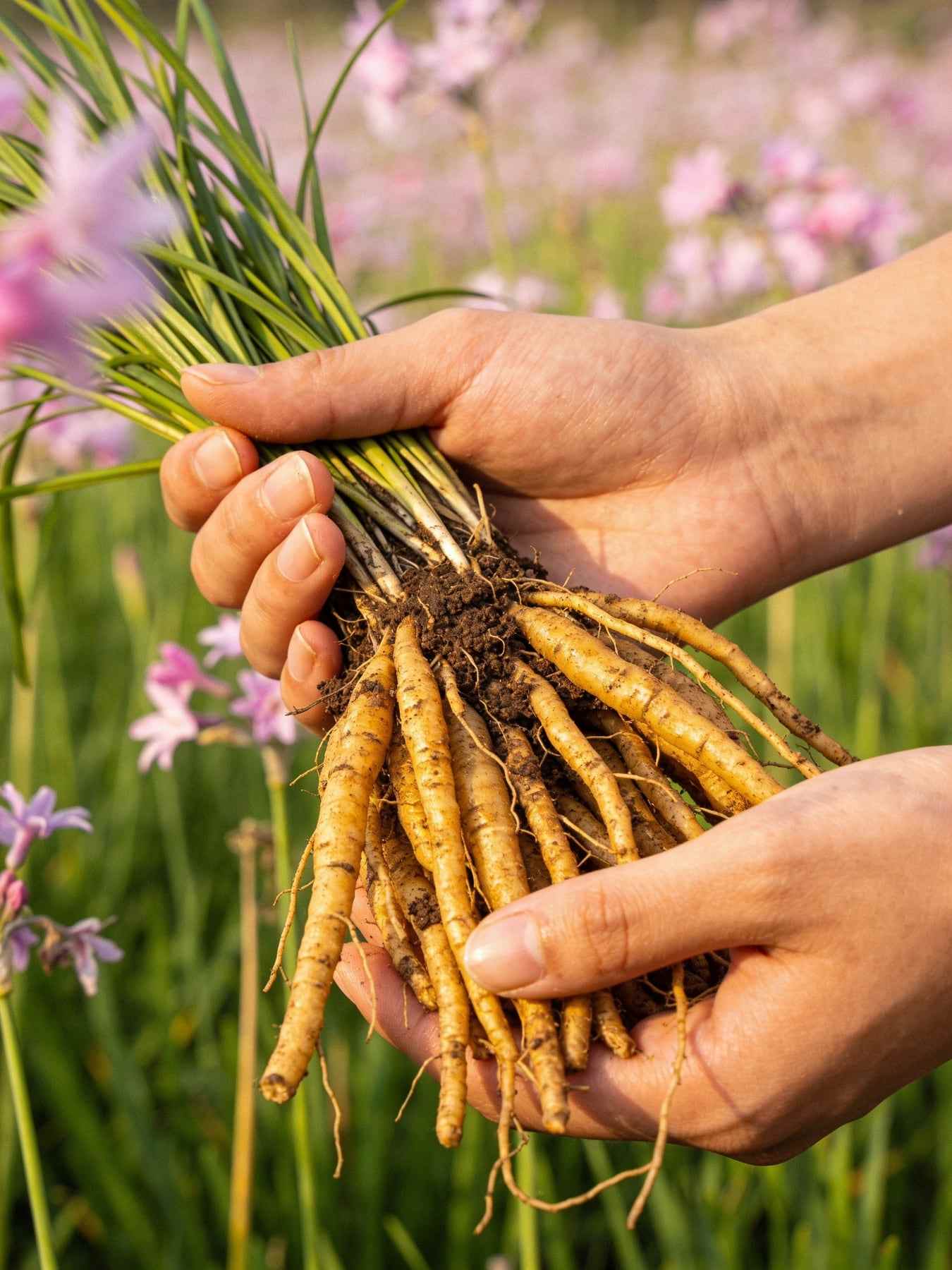 Hands holding a fresh bundle of golden vetiver roots in a green field.